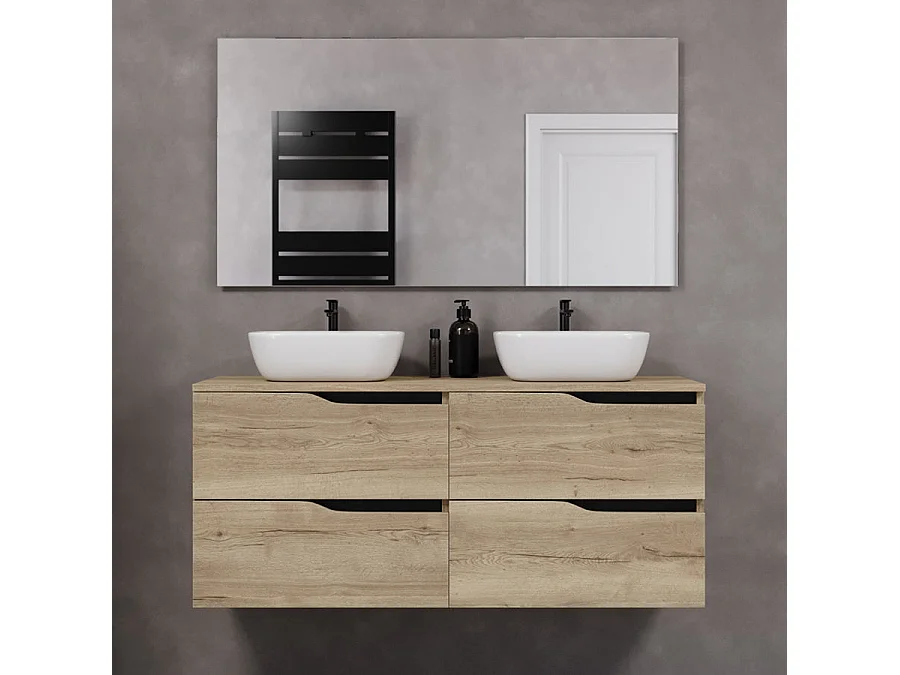 Meuble de salle de bain 120cm avec plateau et deux vasques à poser zeus - 4 tiroirs - sans miroir - madera miel (chêne clair) - LUNA