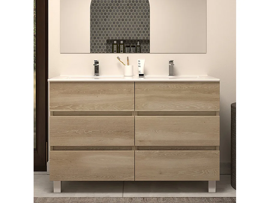 Meuble de salle de bain 120cm double vasque - sans miroir - 6 tiroirs - nebraska (bois clair) - MAYOR