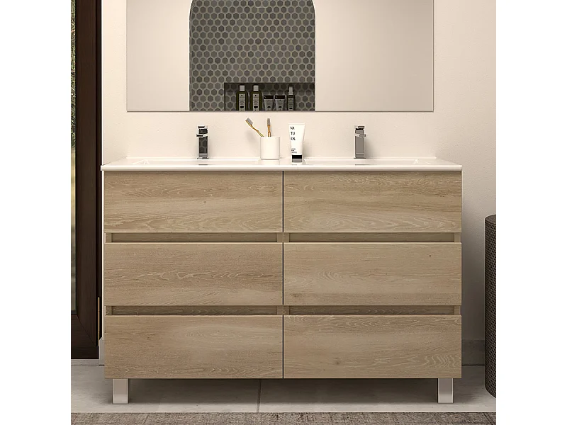 Meuble de salle de bain 120cm double vasque - sans miroir - 6 tiroirs - nebraska (bois clair) - MAYOR
