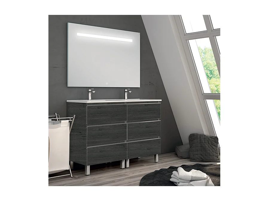 Meuble de salle de bain double vasque - 6 tiroirs - PALMA et miroir Led STAM - ebony (bois noir) - 120cm