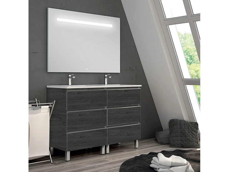 Meuble de salle de bain double vasque - 6 tiroirs - PALMA et miroir Led STAM - ebony (bois noir) - 120cm