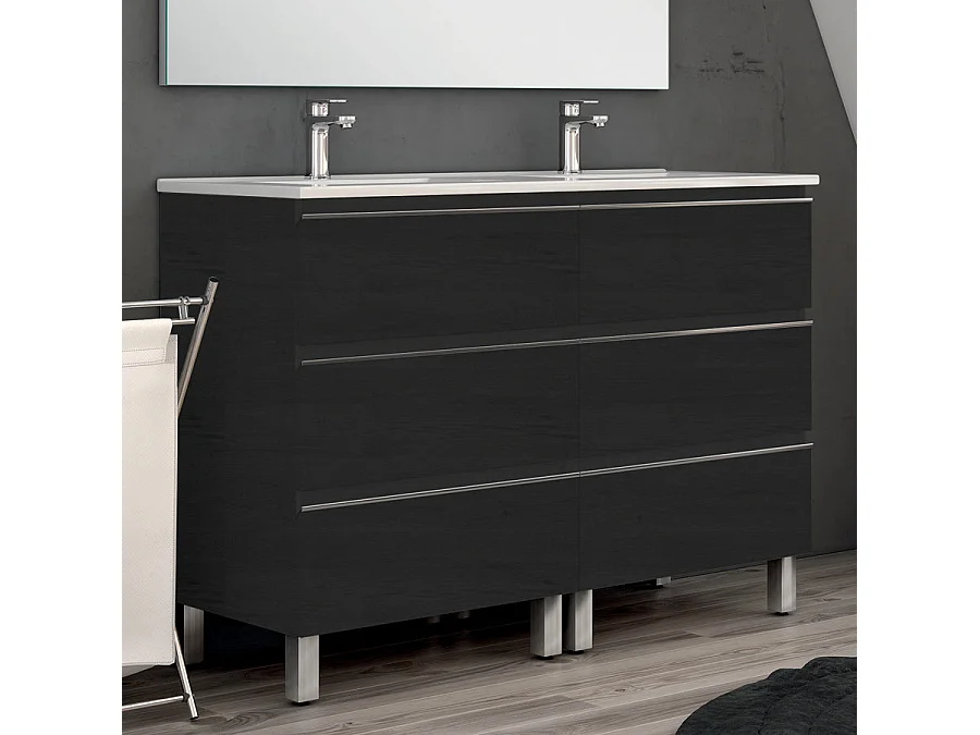 Meuble de salle de bain double vasque - 6 tiroirs - PALMA et miroir Led STAM - ebony (bois noir) - 120cm