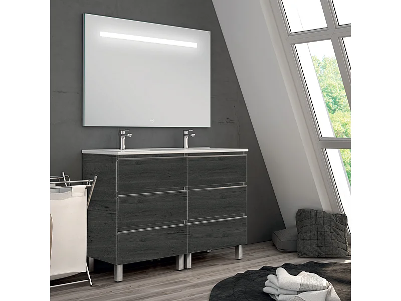 Meuble de salle de bain double vasque - 6 tiroirs - PALMA et miroir Led STAM - ebony (bois noir) - 120cm