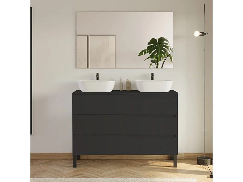 Meuble de salle de bain 120cm avec plateau et 2 vasques à poser Zeus - 3 tiroirs - noir - MATA