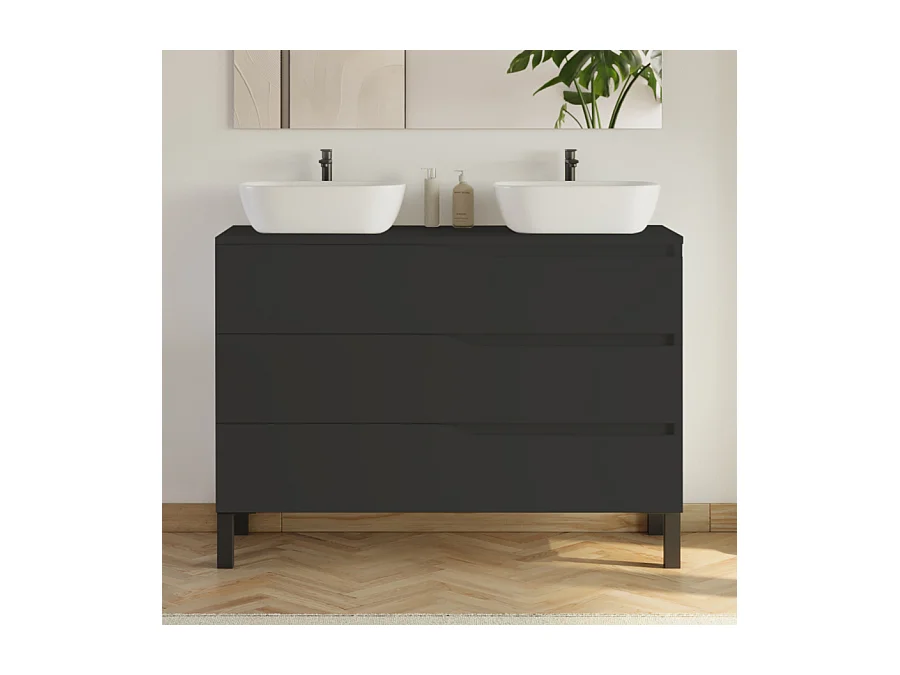 Meuble de salle de bain 120cm avec plateau et 2 vasques à poser Zeus - 3 tiroirs - noir - MATA