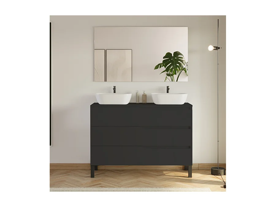 Meuble de salle de bain 120cm avec plateau et 2 vasques à poser Zeus - 3 tiroirs - noir - MATA