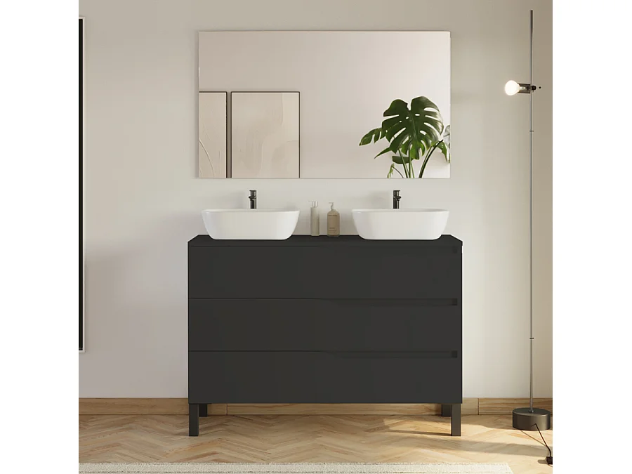 Meuble de salle de bain 120cm avec plateau et 2 vasques à poser Zeus - 3 tiroirs - noir - MATA