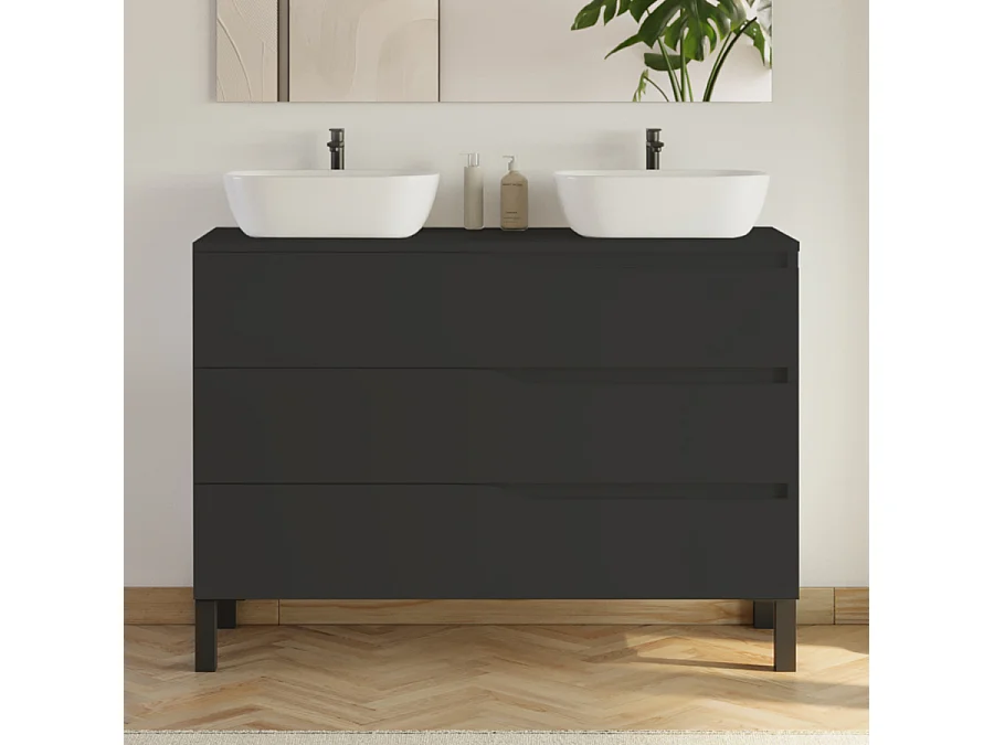 Meuble de salle de bain 120cm avec plateau et 2 vasques à poser Zeus - 3 tiroirs - noir - MATA