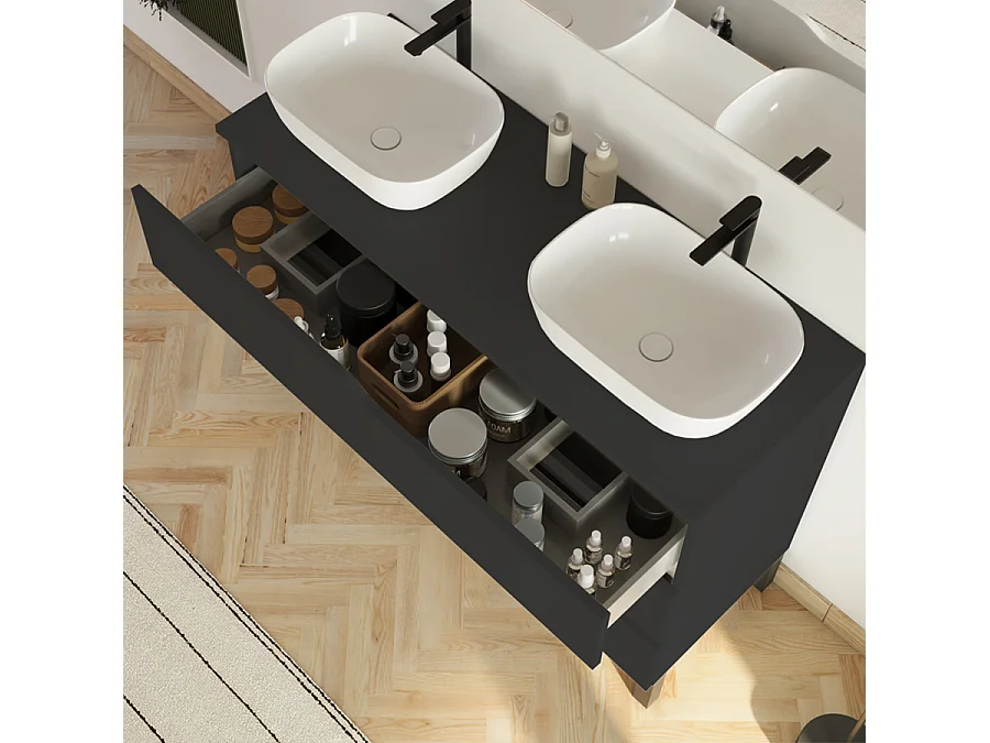 Meuble de salle de bain 120cm avec plateau et 2 vasques à poser Zeus - 3 tiroirs - noir - MATA