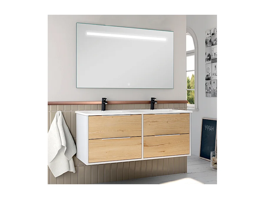 Meuble de salle de bain double vasque - 4 tiroirs - ALBA et miroir Led STAM - blanc-Chêne - 120cm