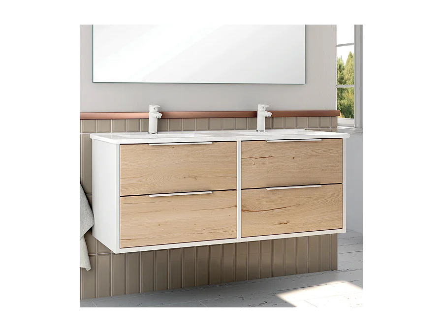 Meuble de salle de bain double vasque - 4 tiroirs - ALBA et miroir Led STAM - blanc-Chêne - 120cm