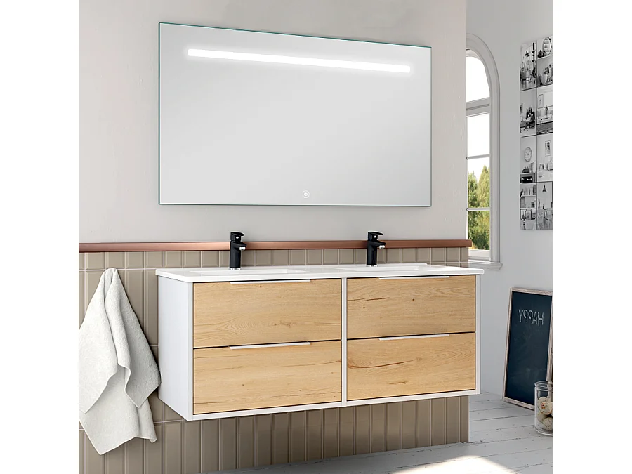 Meuble de salle de bain double vasque - 4 tiroirs - ALBA et miroir Led STAM - blanc-Chêne - 120cm