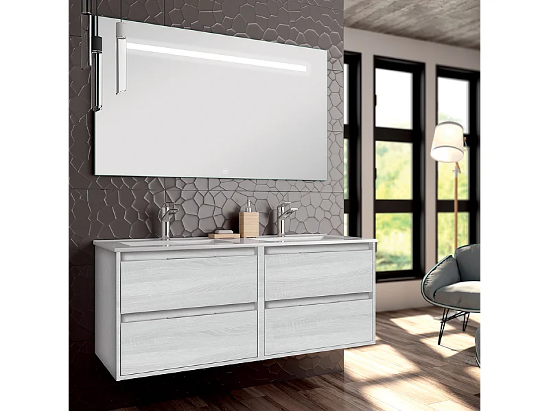 Meuble de salle de bain double vasque - 4 tiroirs - IRIS et miroir Led STAM - hibernian (bois blanchi) - 120cm