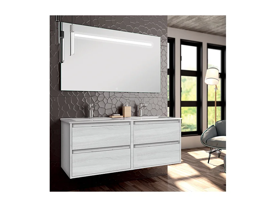 Meuble de salle de bain double vasque - 4 tiroirs - IRIS et miroir Led STAM - hibernian (bois blanchi) - 120cm