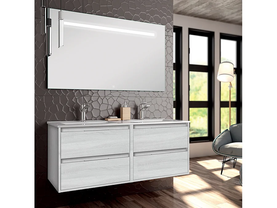 Meuble de salle de bain double vasque - 4 tiroirs - IRIS et miroir Led STAM - hibernian (bois blanchi) - 120cm