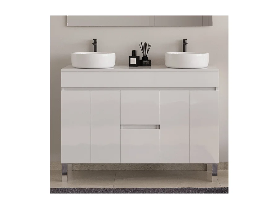 Meuble de salle de bain 120cm sur pieds avec plateau et deux cuves à poser rondes - sans miroir - portes et tiroirs - blanc - HARO