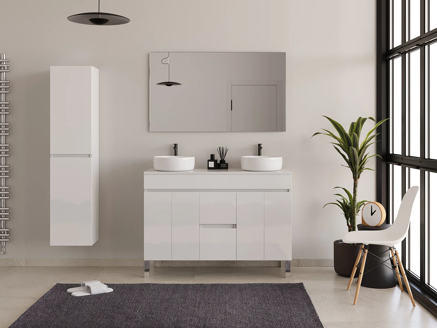 Meuble de salle de bain 120cm sur pieds avec plateau et deux cuves à poser rondes - sans miroir - portes et tiroirs - blanc - HARO