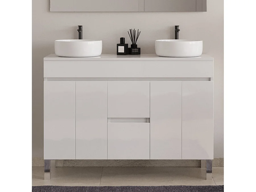 Meuble de salle de bain 120cm sur pieds avec plateau et deux cuves à poser rondes - sans miroir - portes et tiroirs - blanc - HARO