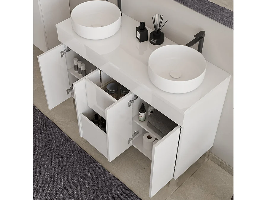 Meuble de salle de bain 120cm sur pieds avec plateau et deux cuves à poser rondes - sans miroir - portes et tiroirs - blanc - HARO