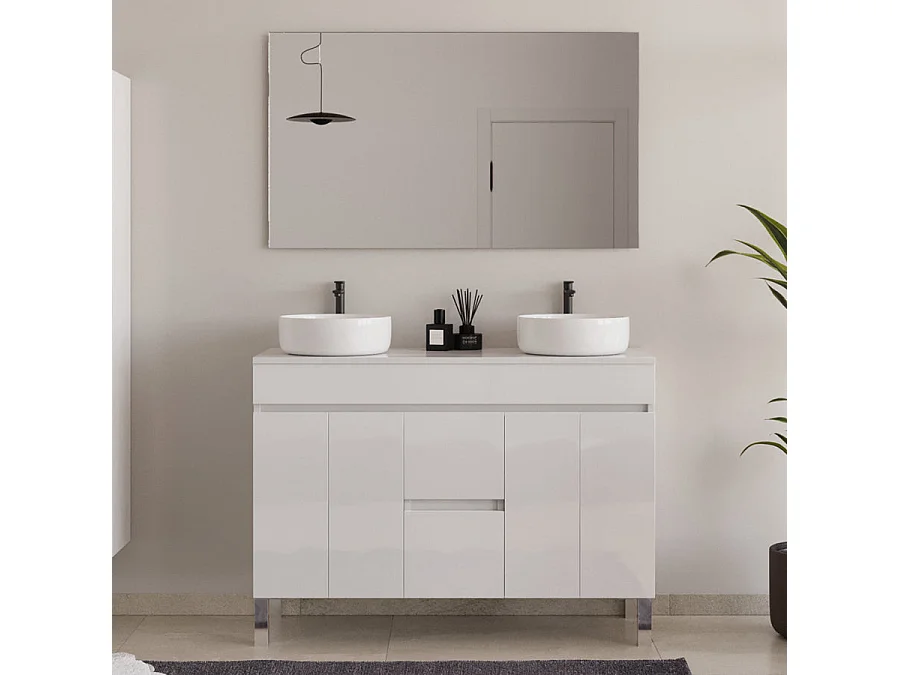 Meuble de salle de bain 120cm sur pieds avec plateau et deux cuves à poser rondes - sans miroir - portes et tiroirs - blanc - HARO