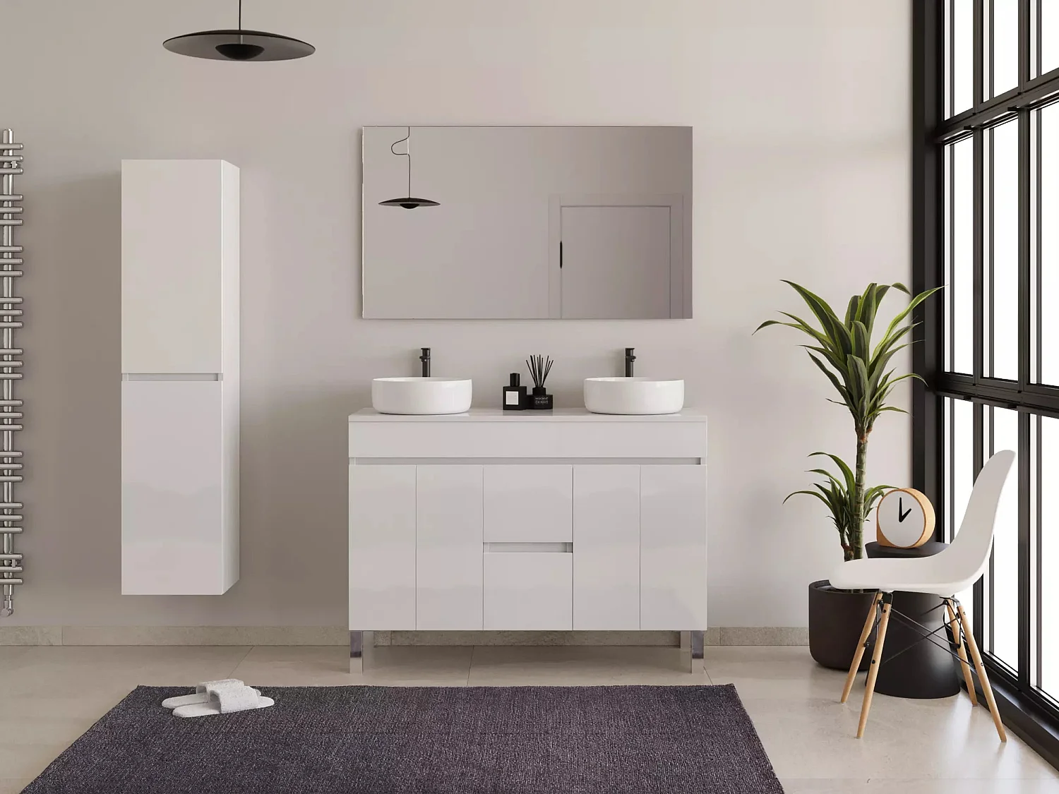 Meuble de salle de bain 120cm sur pieds avec plateau et deux cuves à poser rondes - sans miroir - portes et tiroirs - blanc - HARO