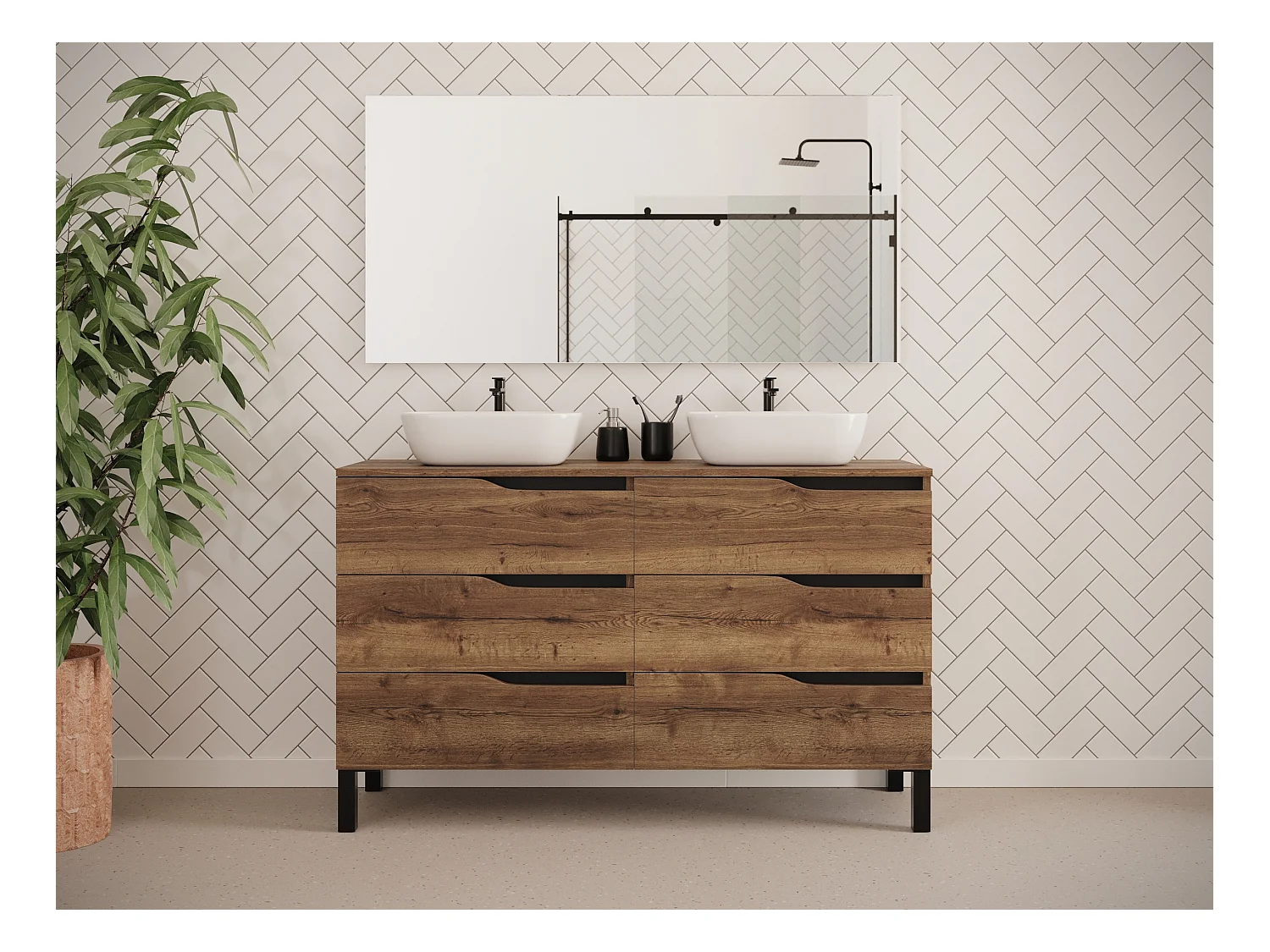 Meuble de salle de bain 140cm avec plateau et deux vasques à poser zeus - 6 tiroirs - sans miroir - tabaco (chêne foncé) - MATA