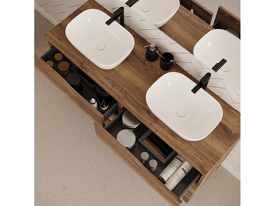 Meuble de salle de bain 140cm avec plateau et deux vasques à poser zeus - 6 tiroirs - sans miroir - tabaco (chêne foncé) - MATA