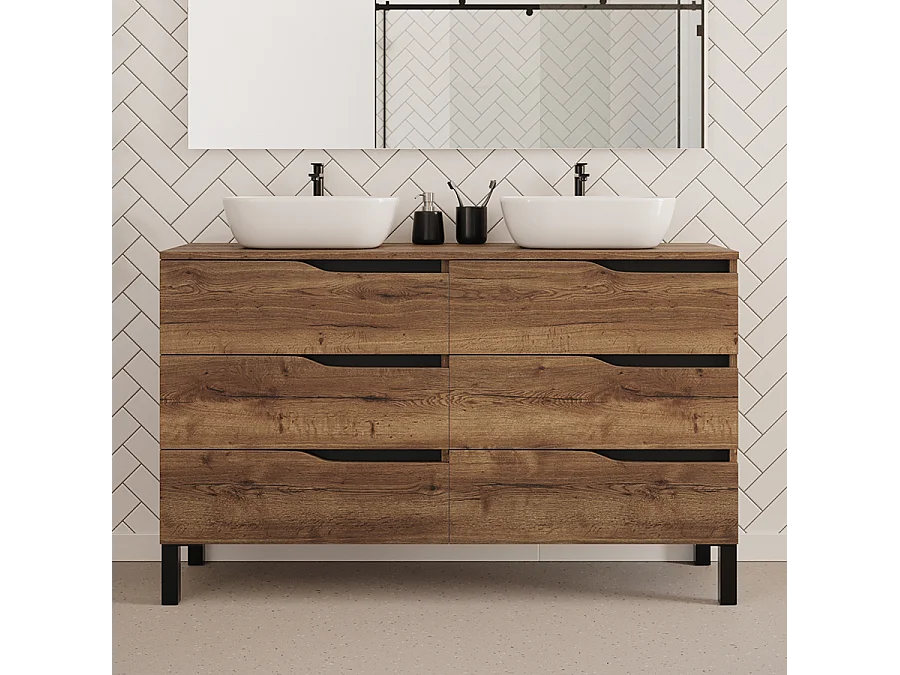 Meuble de salle de bain 140cm avec plateau et deux vasques à poser zeus - 6 tiroirs - sans miroir - tabaco (chêne foncé) - MATA