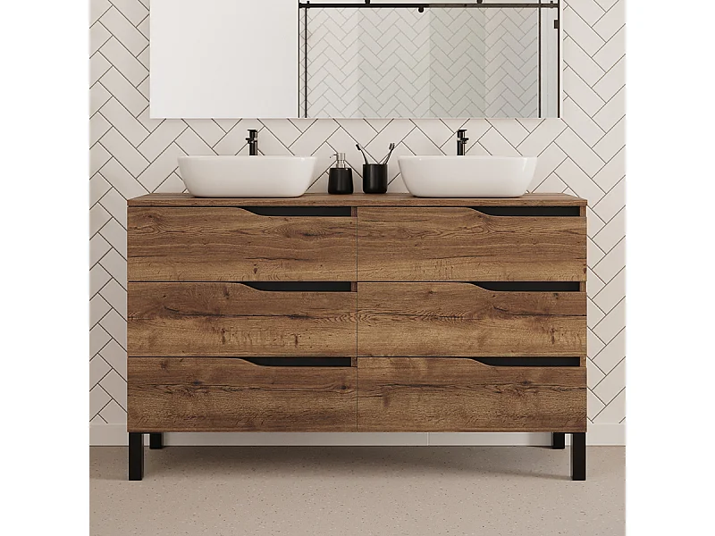 Meuble de salle de bain 140cm avec plateau et deux vasques à poser zeus - 6 tiroirs - sans miroir - tabaco (chêne foncé) - MATA