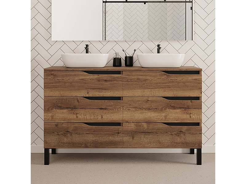 Meuble de salle de bain 140cm avec plateau et deux vasques à poser zeus - 6 tiroirs - sans miroir - tabaco (chêne foncé) - MATA