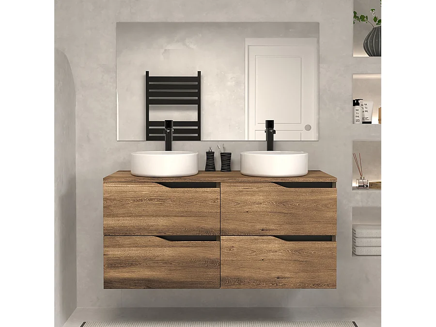 Meuble de salle de bain 120 avec plateau et 2 vasques à poser - 4 tiroirs - tabaco (bois foncé) - LUNA