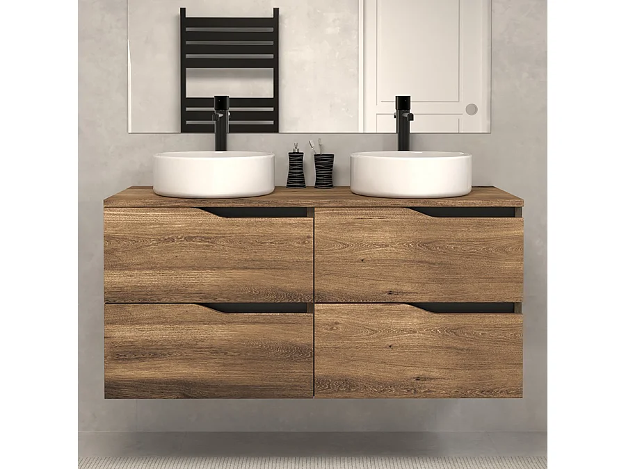 Meuble de salle de bain 120 avec plateau et 2 vasques à poser - 4 tiroirs - tabaco (bois foncé) - LUNA