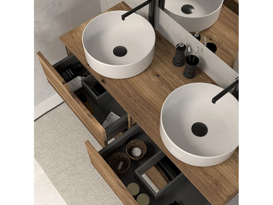 Meuble de salle de bain 120 avec plateau et 2 vasques à poser - 4 tiroirs - tabaco (bois foncé) - LUNA