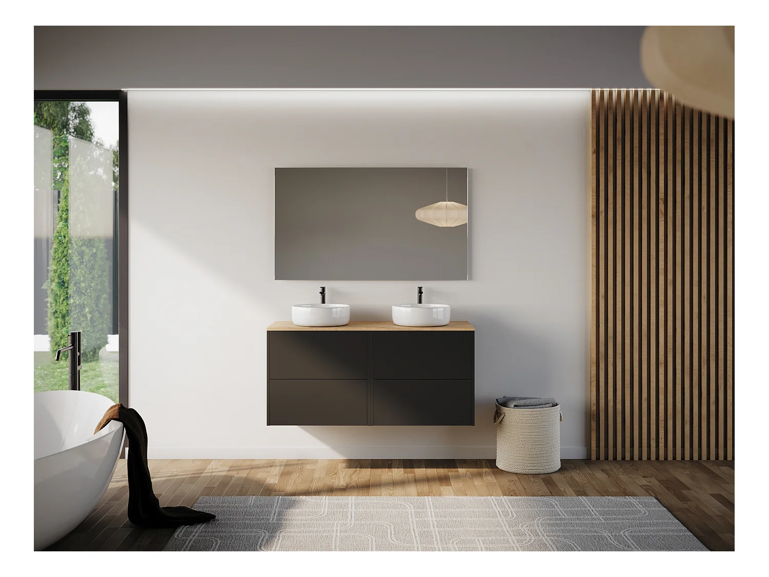 Meuble de salle de bain 120cm avec vasque à poser ronde - 4 tiroirs - sans miroir - noir - MONA