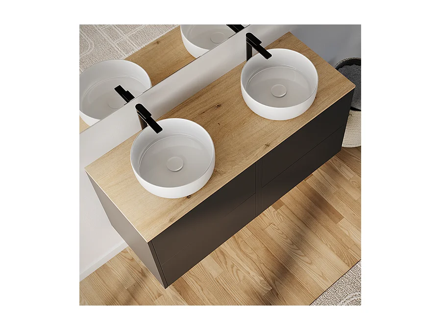 Meuble de salle de bain 120cm avec vasque à poser ronde - 4 tiroirs - sans miroir - noir - MONA