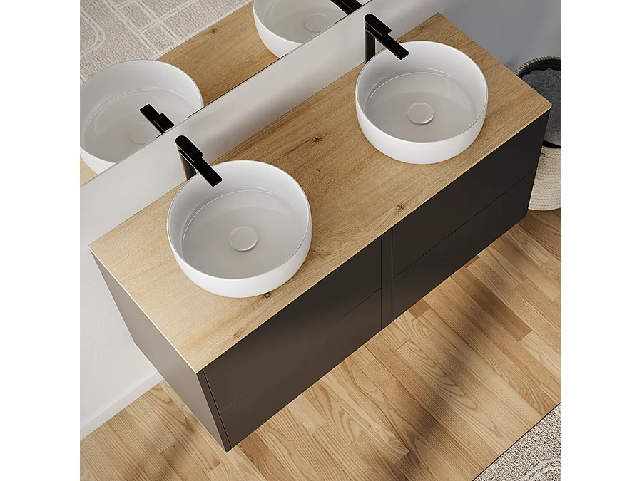 Meuble de salle de bain 120cm avec vasque à poser ronde - 4 tiroirs - sans miroir - noir - MONA