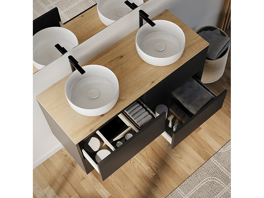 Meuble de salle de bain 120cm avec vasque à poser ronde - 4 tiroirs - sans miroir - noir - MONA