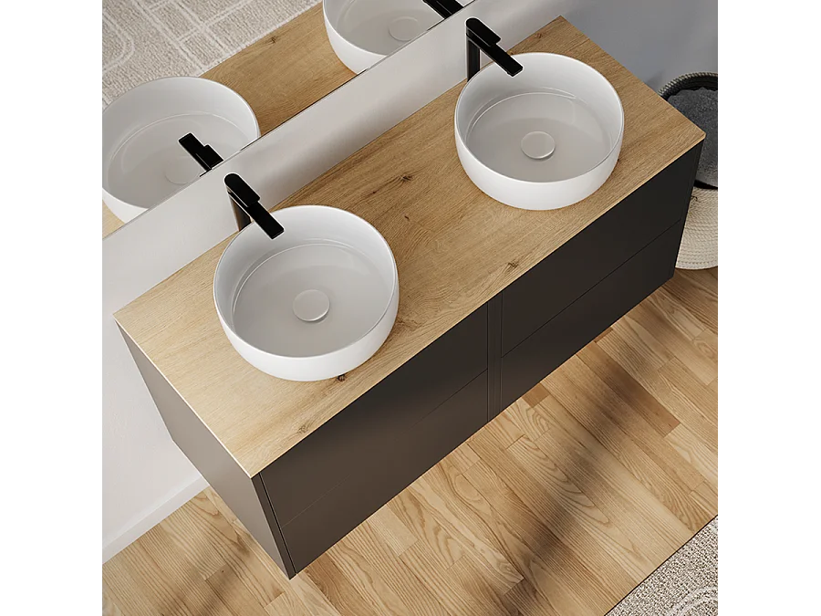 Meuble de salle de bain 120cm avec vasque à poser ronde - 4 tiroirs - sans miroir - noir - MONA