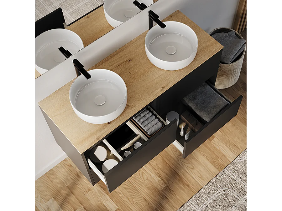 Meuble de salle de bain 120cm avec vasque à poser ronde - 4 tiroirs - sans miroir - noir - MONA