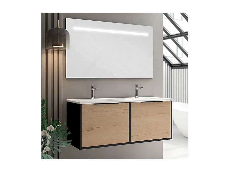Meuble de salle de bain double vasque - 2 façades et 4 tiroirs - ALBA et miroir Led STAM - noir-Chêne - 120cm