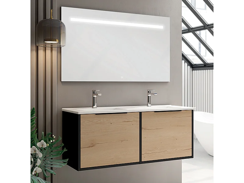 Meuble de salle de bain double vasque - 2 façades et 4 tiroirs - ALBA et miroir Led STAM - noir-Chêne - 120cm