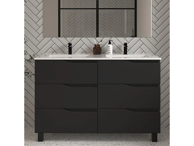 Meuble de salle de bain 120cm double vasque - 6 tiroirs - sans miroir - noir - MATA