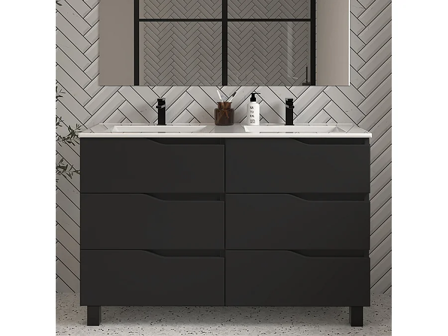 Meuble de salle de bain 120cm double vasque - 6 tiroirs - sans miroir - noir - MATA