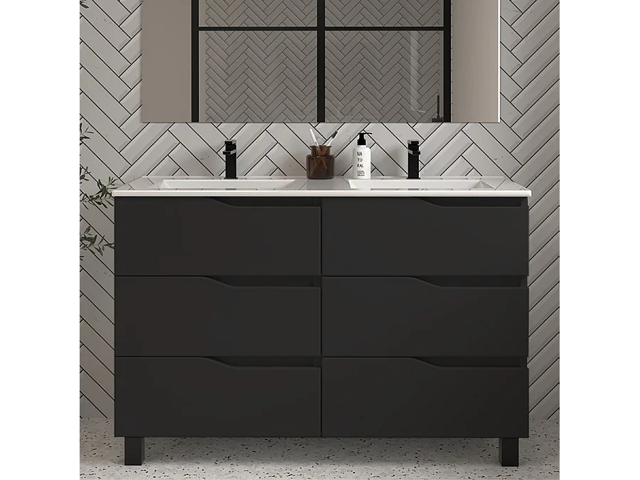 Meuble de salle de bain 120cm double vasque - 6 tiroirs - sans miroir - noir - MATA