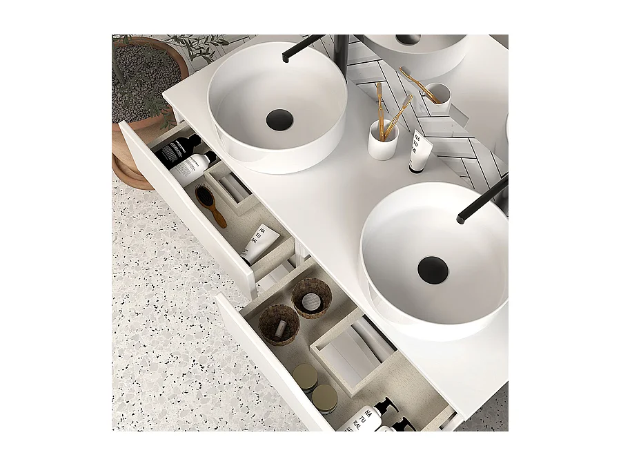 Meuble de salle de bain 120 avec plateau et 2 vasques à poser - sans miroir - 6 tiroirs - blanc - MATA