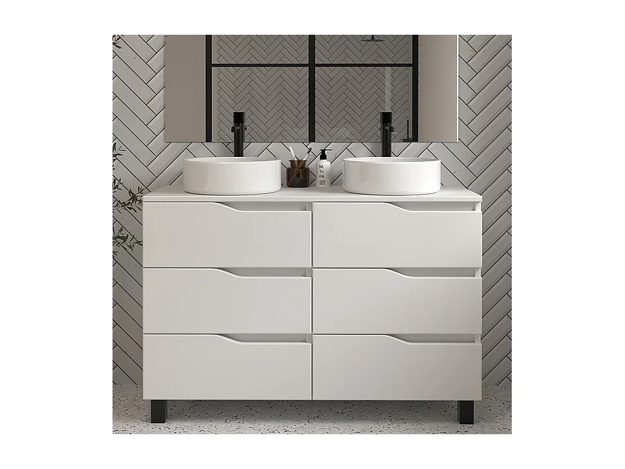 Meuble de salle de bain 120 avec plateau et 2 vasques à poser - sans miroir - 6 tiroirs - blanc - MATA