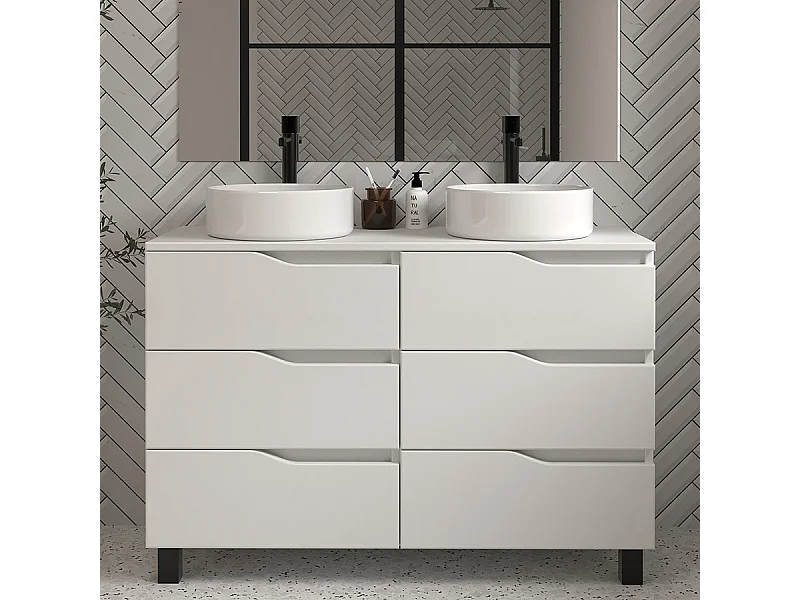 Meuble de salle de bain 120 avec plateau et 2 vasques à poser - sans miroir - 6 tiroirs - blanc - MATA