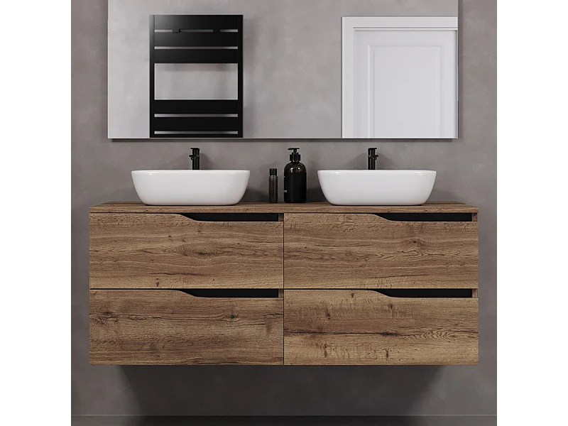 Meuble de salle de bain 140cm avec plateau et deux vasques à poser zeus - 4 tiroirs - sans miroir - tabaco (chêne foncé) - LUNA