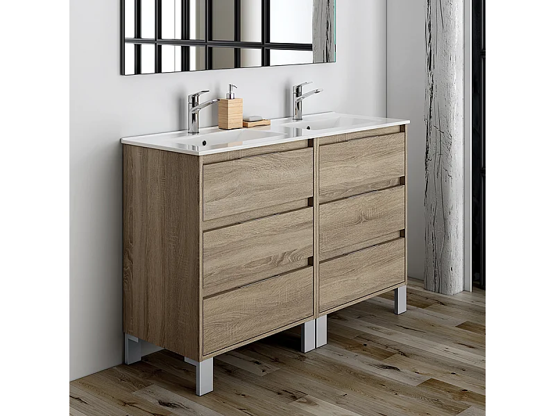 Meuble de salle de bain 120cm double vasque - 6 tiroirs - sans miroir - TIRIS 3C - cambrian (chêne)