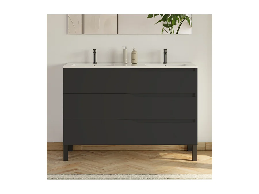 Meuble de salle de bain 120cm avec plan double vasque - 3 tiroirs - noir - MATA